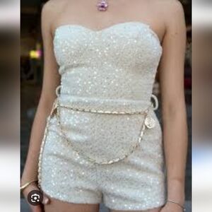 Sparkling Strapless Romper with Chain Belt